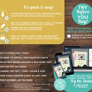 May include: A digital mockup of a customizable invitation for a 30th birthday party. The invitation features a retro diner theme with a black and white checkered background, a milkshake, and a record player. The text on the invitation reads "Name Home's Diner 30th Birthday". The invitation is editable using the Corjl website.
