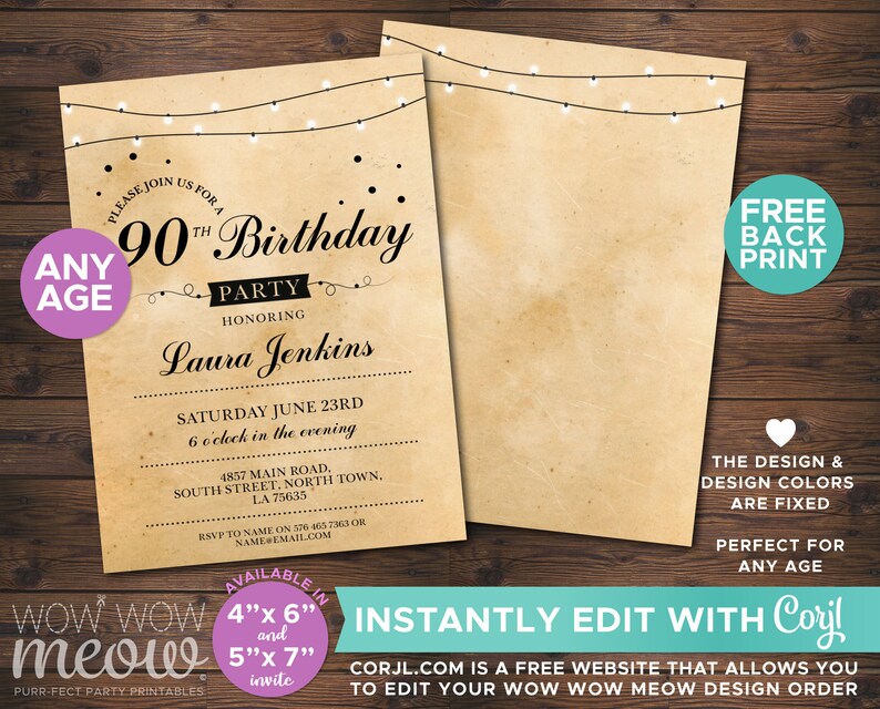 90th Birthday Invitation Elegant Ninety Invitations Party Womens Mens Instant Download Editable Printable Vintage Personalize Lights WCBA137 image 2