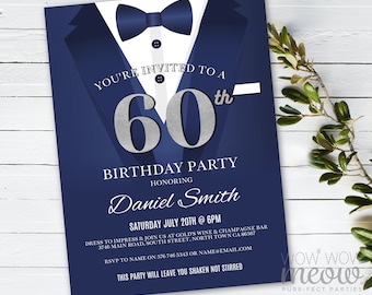 60th Birthday Invite Invitation SIXTY Navy Silver Black Tie Secret Agent Party INSTANT Editable Bond Tuxedo Personalize Printable WCBA033