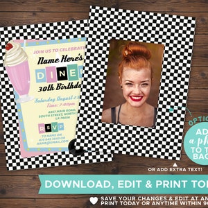 May include: A black and white checkered background with a retro diner themed birthday invitation. The invitation features a milkshake with a cherry on top, the text "JOIN US TO CELEBRATE Name Here's DINER 30th Birthday", and a space for a photo. The invitation also includes the date, time, and location of the party, as well as RSVP information.