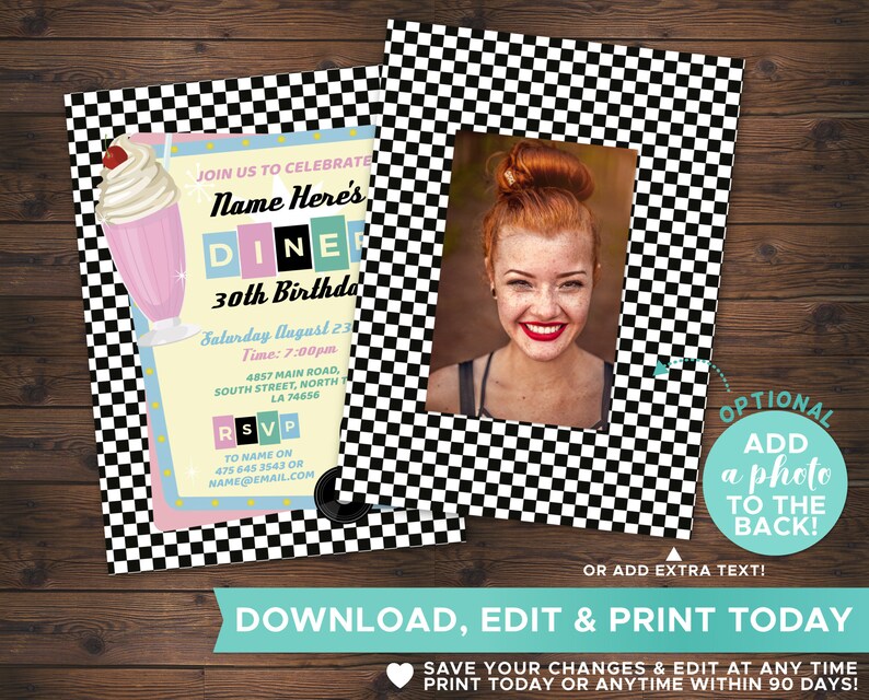 May include: A black and white checkered background with a retro diner themed birthday invitation. The invitation features a milkshake with a cherry on top, the text "JOIN US TO CELEBRATE Name Here's DINER 30th Birthday", and a space for a photo. The invitation also includes the date, time, and location of the party, as well as RSVP information.