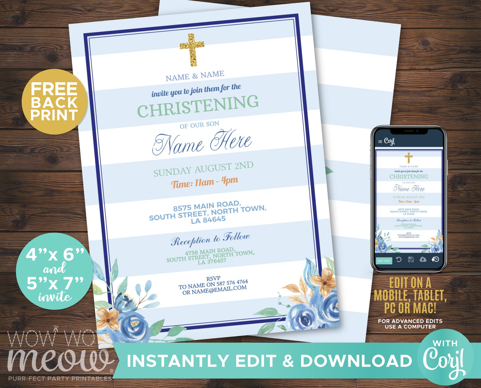 Baby Christening Blue Invitation Baptism Boy Invites Stripe Etsy UK
