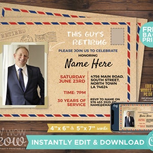 Retirement Postal Postcard Invitation Retired Invite Envelope Office INSTANT DOWNLOAD Printable Personalize Men Photo Picture Postal WCRE009