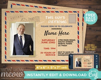 Retirement Postal Postcard Invitation Retired Invite Envelope Office INSTANT DOWNLOAD Printable Personalize Men Photo Picture Postal WCRE009