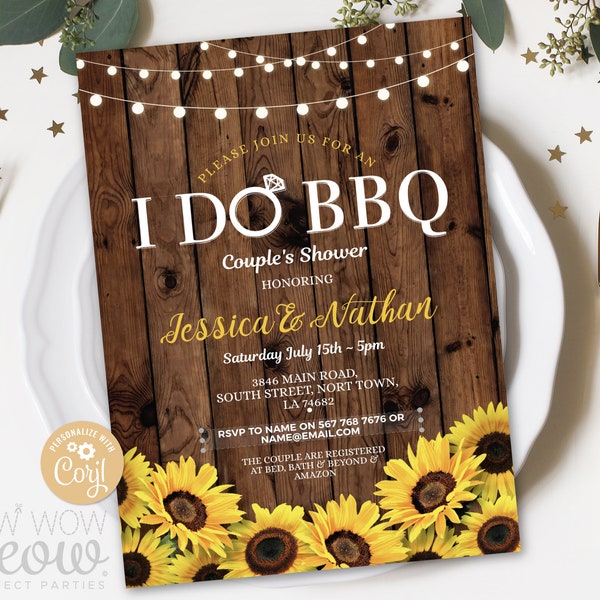 I Do BBQ Invitations Couple's Shower Sunflower Yellow Printable Invite Engagement Party INSTANT Download Rustic Personalize Editable WCWI002