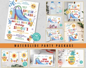 Ensemble d'anniversaire de fête de parc aquatique, invitation modifiable, paquet de piscine tropicale d'été arc-en-ciel à télécharger Fête d'enfants WCBK511