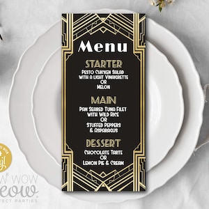 Art Deco Menu Dinner 1920s Gatsby Black Gold Template Package INSTANT DOWNLOAD Birthday Matching Printable Personalize Editable WCBA091