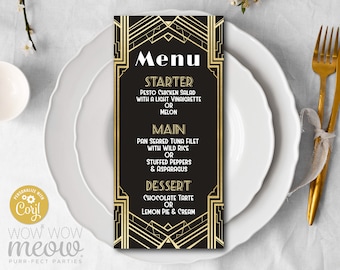 Art Deco Menu Dinner 1920s Gatsby Black Gold Template Package INSTANT DOWNLOAD Birthday Matching Printable Personalize Editable WCBA091
