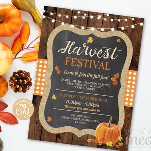 Fall Harvest Festival Invitations Party Rustic Invite Printable INSTANT DOWNLOAD 5x7 Event Church Lights Autumn Personalize Editable WCHF001