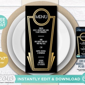 1920's Menu Dinner Template Wedding Gatsby Package INSTANT DOWNLOAD Set Matching Printable Art Deco Gold Personalize Editable WCWP044