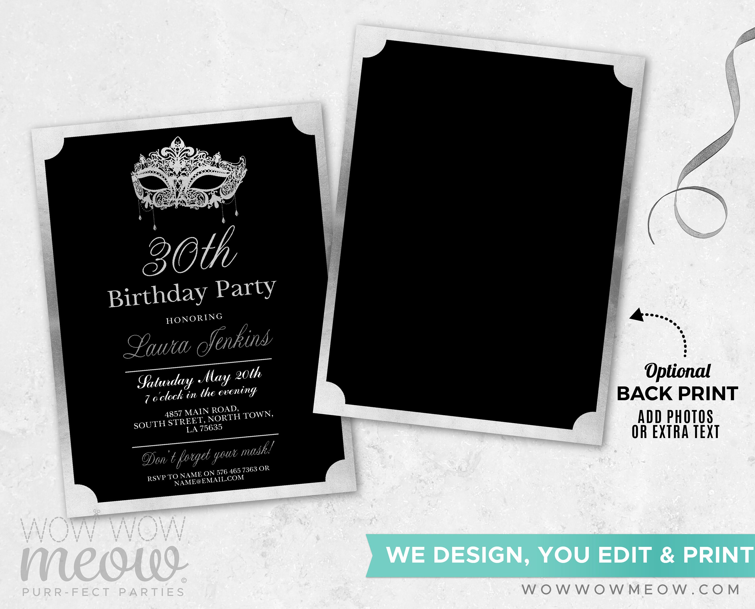 Masquerade Birthday Invitation Party Silver Mask Masked Ball - Etsy