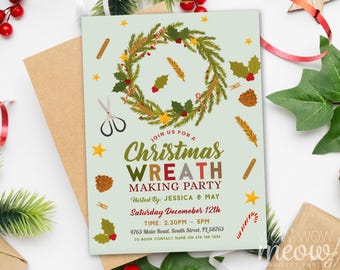 May include: A light green invitation for a Christmas wreath making party. The invitation features a wreath illustration, scissors, stars, and text that reads "Join us for a Christmas Wreath Making Party". The invitation is on a white surface.