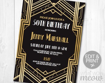 Art Deco Birthday Roaring 20s Invitation Invite 1920s Party INSTANT DOWNLOAD Gatsby Gold Black Elegant Personalize Editable Edit & Printable