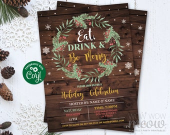 Può includere: Invito a una festa natalizia con sfondo in legno. Il design presenta una ghirlanda con bacche e il testo "Eat, Drink & Be Merry". Include dettagli dell'evento e informazioni RSVP.