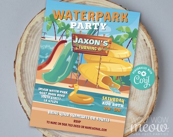 Könnte beinhalten: Eine farbenfrohe Einladung zu einer Wasserpark-Party zum 8. Geburtstag von Jaxon. Die Einladung zeigt eine Comic-Illustration eines Wasserparks mit einer Rutsche, Palmen und einem Pool. Der Text auf der Einladung lautet "Waterpark Party", "Jaxon's Turning 8!" und "Saturday Aug 29th 2PM - 5PM".