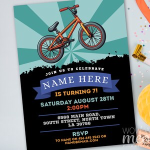 May include: A black and blue birthday invitation with a cartoon image of a bicycle. The invitation says "Join us to celebrate NAME HERE is turning 7! Saturday August 28th 2:00PM 8568 Main Road, South Street, North Town LA 38756 RSVP to NAME on 456 645 3543 or NAME@EMAIL.COM"