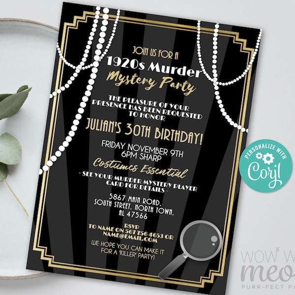 1920s Murder Mystery Dinner Invitation Party Birthday Invite INSTANT DOWNLOAD Twenties Party Editable Birthday Personalize Editable WCBA259