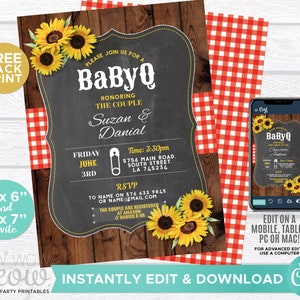 BABYQ Invitations  Baby Shower Invites bbq Couples Red Check INSTANT DOWNLOAD Party Sunflower Invite Personalize Editable Printable WCBS001