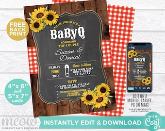 BABYQ Invitations  Baby Shower Invites bbq Couples Red Check INSTANT DOWNLOAD Party Sunflower Invite Personalize Editable Printable WCBS001