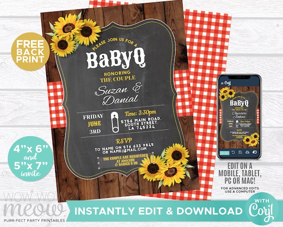 BABYQ Invitations  Baby Shower Invites bbq Couples Red Check INSTANT DOWNLOAD Party Sunflower Invite Personalize Editable Printable WCBS001