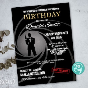 Surprise Birthday Invite Spy Secret Agent Invitation INSTANT DOWNLOAD Party Editable Elegant James Bond Birthday Personalize Edit WCBA054