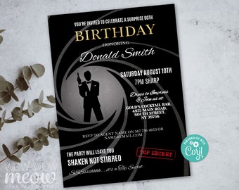 Surprise Birthday Invite Spy Secret Agent Invitation INSTANT DOWNLOAD Party Editable Elegant James Bond Birthday Personalize Edit WCBA054