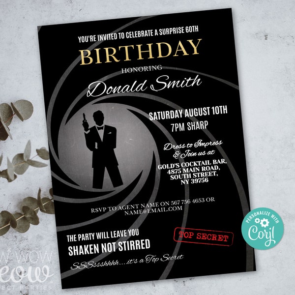 Surprise Birthday Invite Spy Secret Agent Invitation INSTANT DOWNLOAD Party Editable Elegant James Bond Birthday Personalize Edit WCBA054