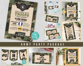 Army Birthday Bundle Military Forces EDITABLE Invites Battle Camouflage Army Invitations Package Download Children's Party WCBK547