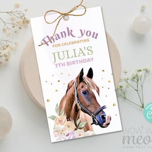 Etiquetas de agradecimento de cavalo Aniversário Pônei Floral Girls - Etiquetas para presentes de festa - Editar impressão de etiquetas de cartões de favor Download editável para impressão WCBK423