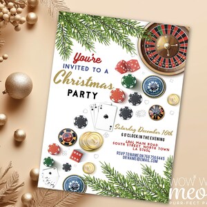 Casino Christmas Invitation Holidays Poker Digital DOWNLOAD Las Vegas Cards Dice Party Chips Personalize Festive Editable Printable WCCH117