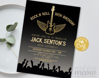 Rock Birthday Invitations N Roll Gold Party Invite Guitar INSTANT DOWNLOAD Festival Gig Band Music Editable Printable Personalize WCBA021