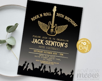 May include: Black and gold 30th birthday party invitation with a silhouette of a crowd of people, a gold electric guitar with wings, and the text "Rock N Roll 30th Birthday". The invitation also includes the name "Jack Senton's" and the date "Saturday October 10th - 7pm".