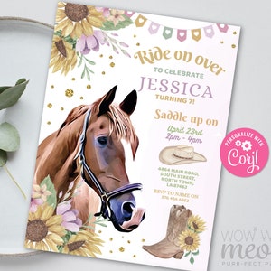 Horse Invitation Birthday Invite Riding Pony Pink Ride On Over Sunflower Cowgirl INSTANT DOWNLOAD Personalize Editable Printable WCBK423