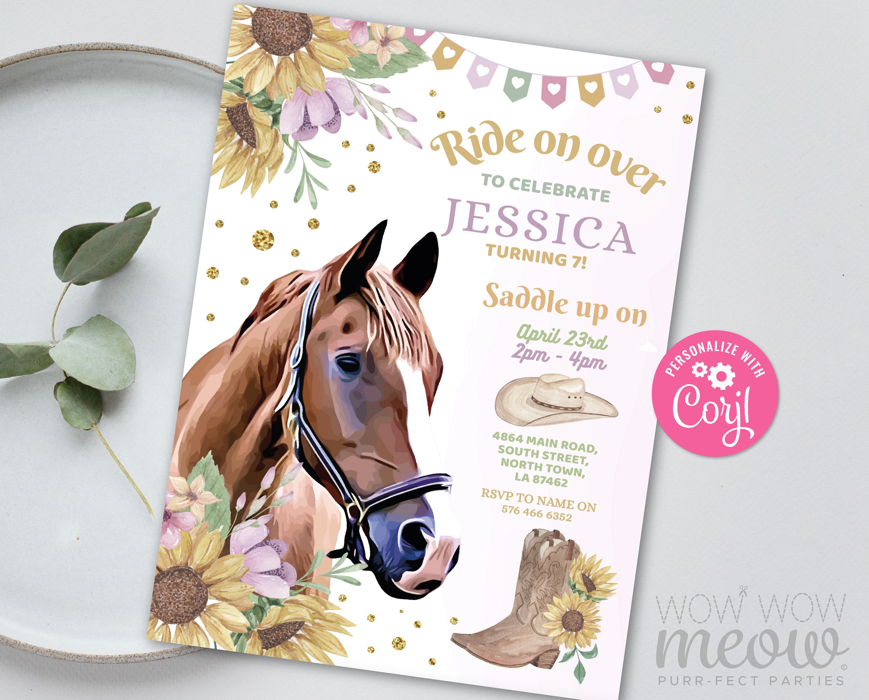 Horse Invitation Birthday Invite Riding Pony Pink Ride On Over Sunflower Cowgirl INSTANT DOWNLOAD Personalize Editable Printable WCBK423
