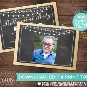 May include: A printable retirement party invitation with a chalkboard background and string lights. The invitation features a photo placeholder and the text "Retirement Party".