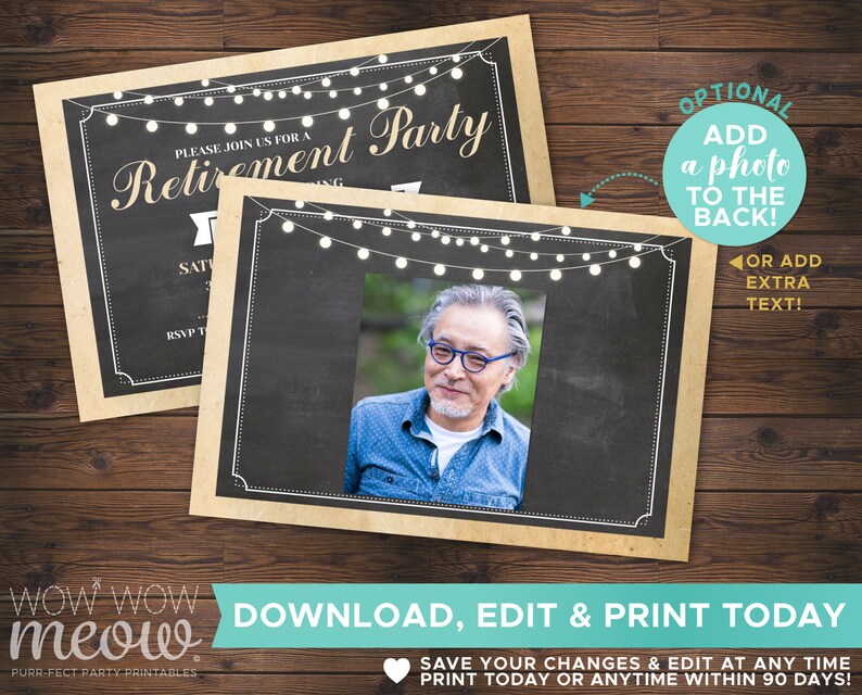 May include: A printable retirement party invitation with a chalkboard background and string lights. The invitation features a photo placeholder and the text "Retirement Party".