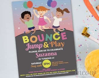 Faire-part d'anniversaire avec saut rebondissant, trampoline rose, château gonflable, jeu doux, maison, jeu pour enfants, téléchargement immédiat, invitation à une fête, modifiable WCBK583