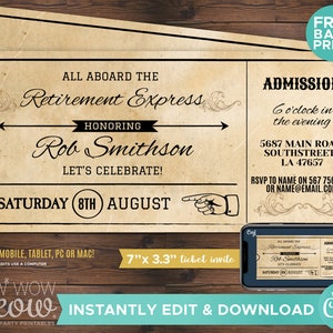 Retirement Invitation Train Ticket Express Invite Instant DOWNLOAD Printable Rustic Retired Celebration Design Editable Personalize WCRE036