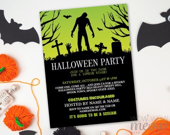 May include: Halloween party invitation featuring a zombie silhouette against a green and black backdrop. The invitation includes event details: date, time, location, and RSVP information. The text reads "It's going to be a scream."