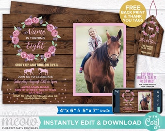 Horse Invitation Photo Girls Party Invite Horseback Birthday Pony Riding INSTANT DOWNLOAD Pink Personalize Wood Editable Printable WCBK152