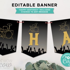 Könnte beinhalten: Editierbare Banner mit schwarzem Hintergrund und goldenen Akzenten. Das Banner zeigt ein Schlagzeug, die Buchstaben "HA" und eine Silhouette einer Menge. Der Text "Happy Birthday" ist enthalten und kann in jede beliebige Nachricht geändert werden.