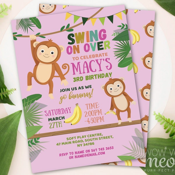 Monkey Birthday Invitation Party Swing by INSTANT DOWNLOAD Pink Girls Go Bananas! Wild Fun Invite Any Age Editable Printable WCBK398