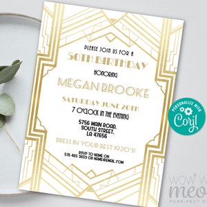 Art Deco Birthday Roaring 20s Invitation Invite 1920 Party INSTANT DOWNLOAD Gatsby Gold White Elegant Personalize Editable Printable WCBA091
