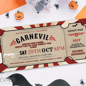 Carnevil Halloween Invitations Carnival Circus Tickets Horror Party Printable INSTANT DOWNLOAD Red Invite Personalize Editable WCHA016