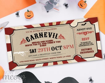 Carnevil Halloween Invitations Carnival Circus Tickets Horror Party Printable INSTANT DOWNLOAD Red Invite Personalize Editable WCHA016