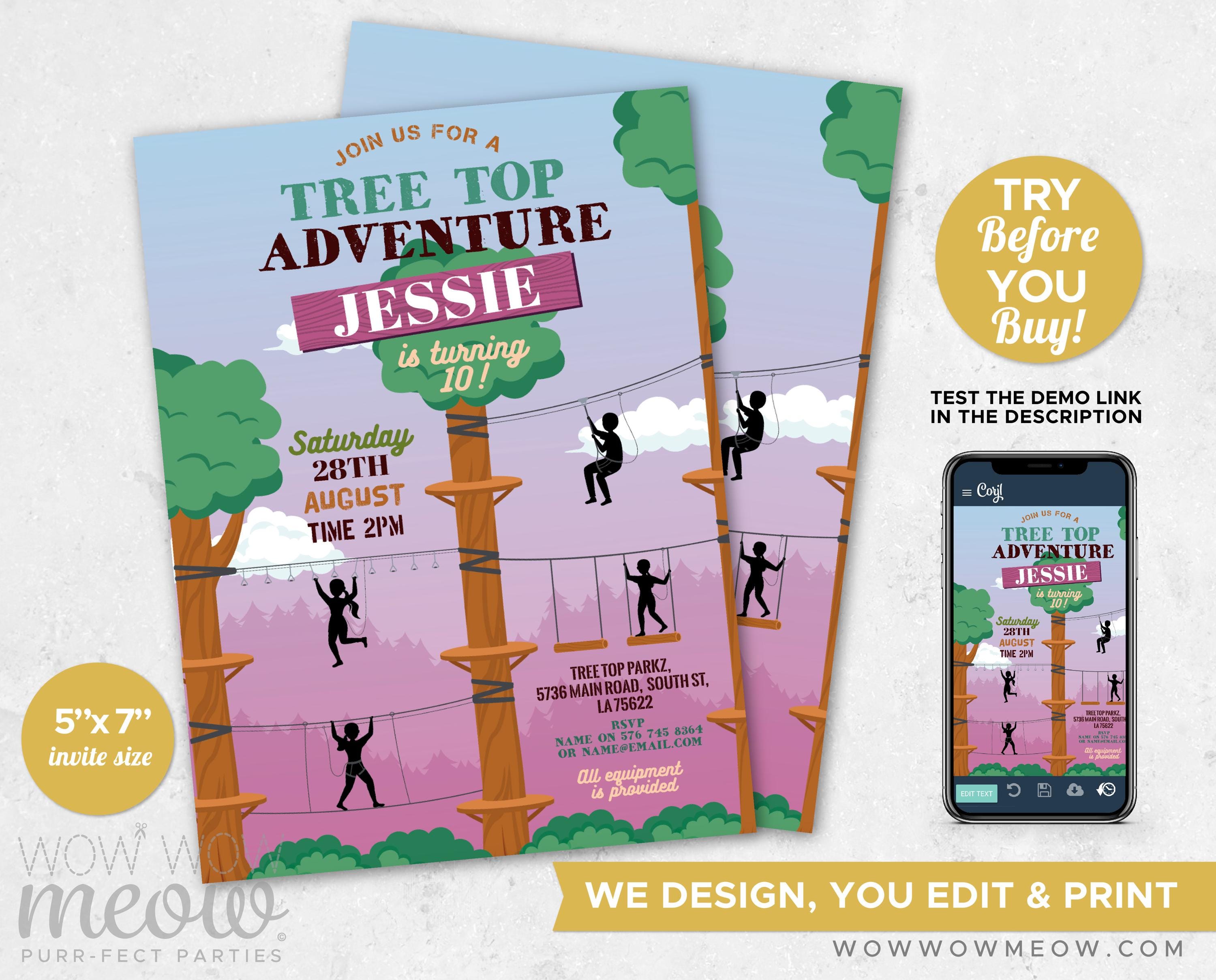 Tree Top Invitations Tree Top Adventures Birthday Invitations Pink Girls Zip Line Outdoor ...