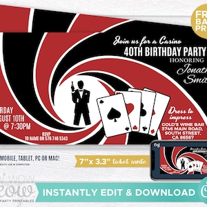 Secret Agent Invite Spy Party INSTANT DOWNLOAD Detective Editable Bond Invitations Birthday Casino Tuxeo Suit Cards Personalize WCBA144