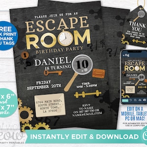 Escape Room Invitation Birthday Invite Puzzle Challenge INSTANT DOWNLOAD Personalize Solve Clues Locks Editable Printable Template WCBK051