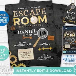 Escape Room Einladung Geburtstagseinladung Puzzle Challenge SOFORTIGER DOWNLOAD Personalisieren Sie das Lösen von Hinweisen Schlösser Bearbeitbare druckbare Vorlage WCBK051