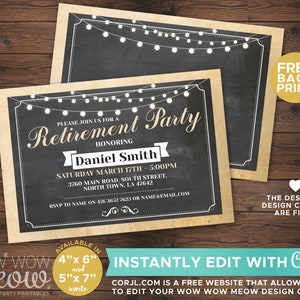 May include: A printable retirement party invitation with a chalkboard background and string lights. The invitation is for Daniel Smith and includes the date, time, and location of the party. The text "PLEASE JOIN US FOR A RETIREMENT PARTY" is written in a decorative font. The invitation is available in 4x6 and 5x7 inch sizes.